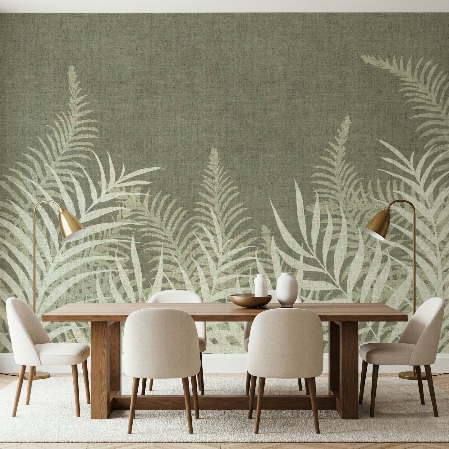 Delicate palm leaf wall mural, serene green color, subtle shading.