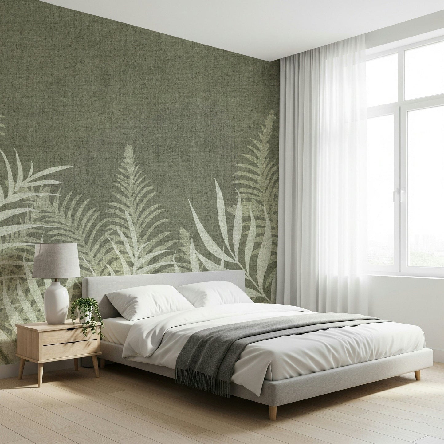 Elegant fern print wall mural, perfect for bedroom or living space.
