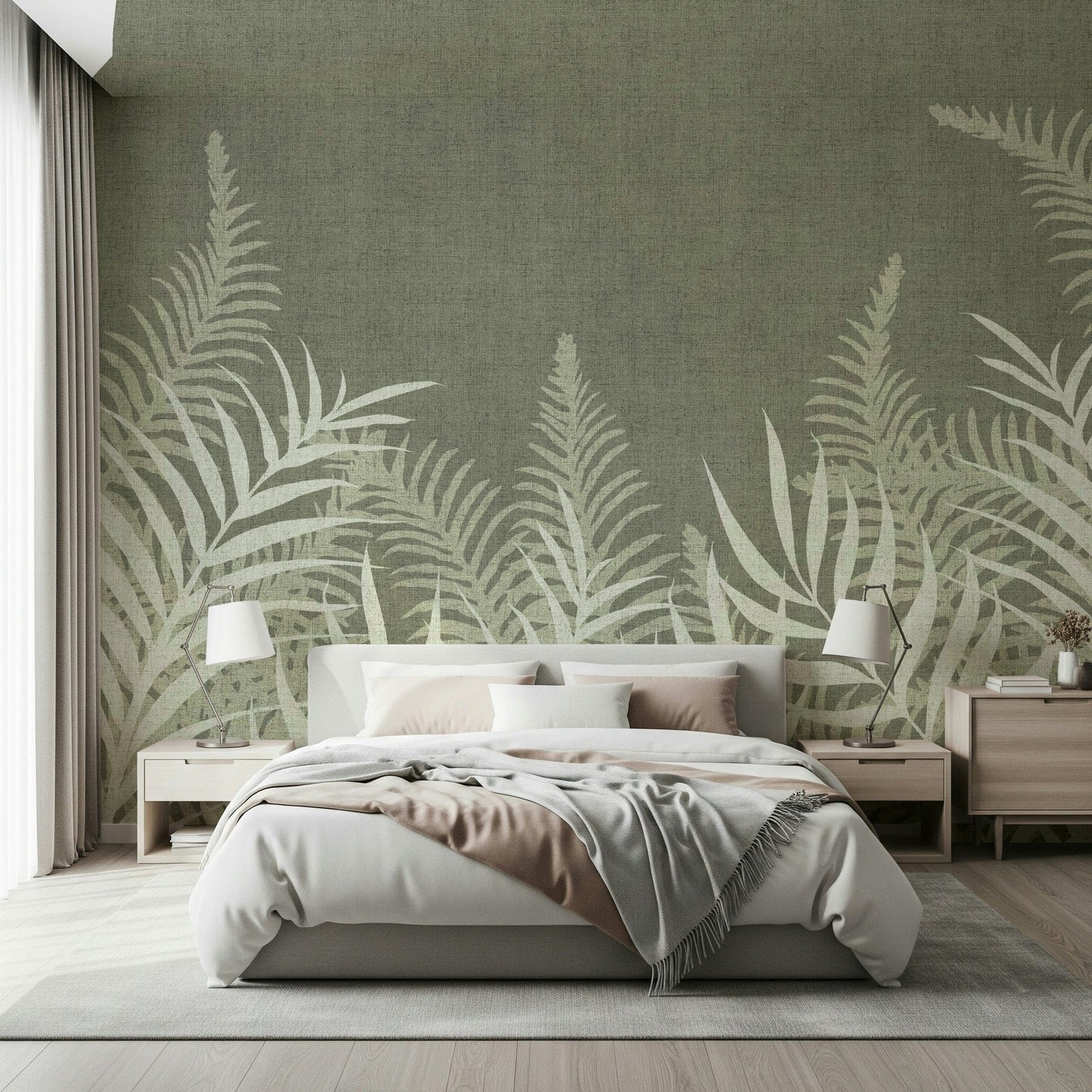 Artistic fern motif wall mural, serene indoor garden atmosphere.