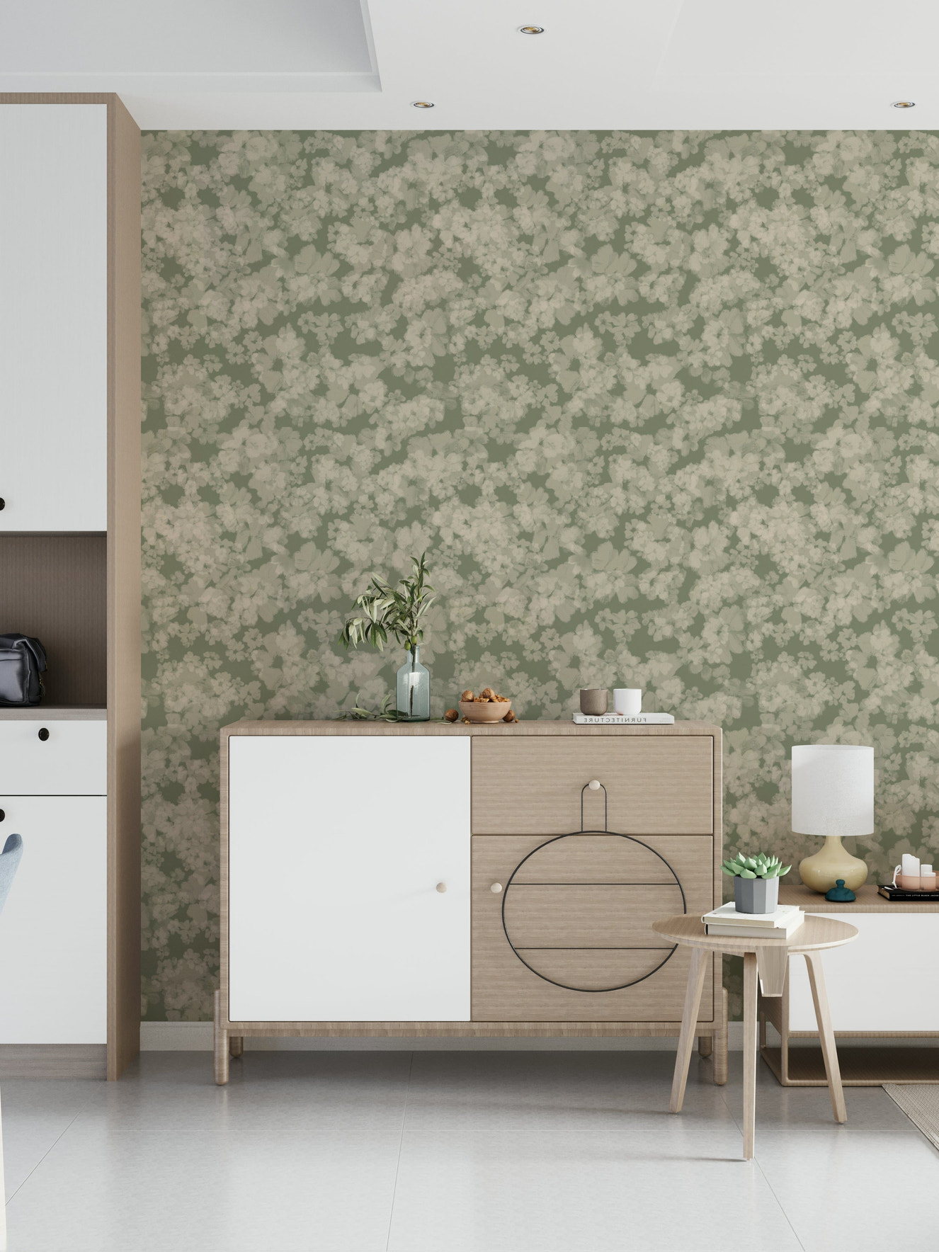 Painterly soft blossoms wallpaper, ethereal botanical design, gentle sage background.