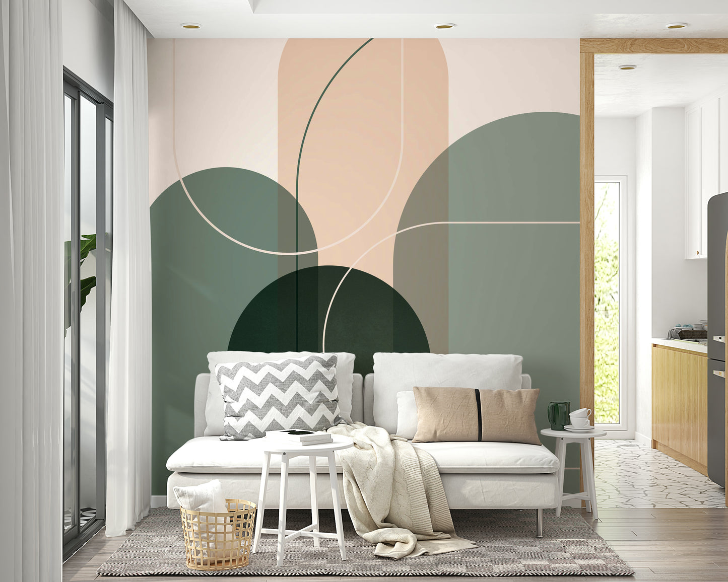Wall mural in gentle sage green color palette

