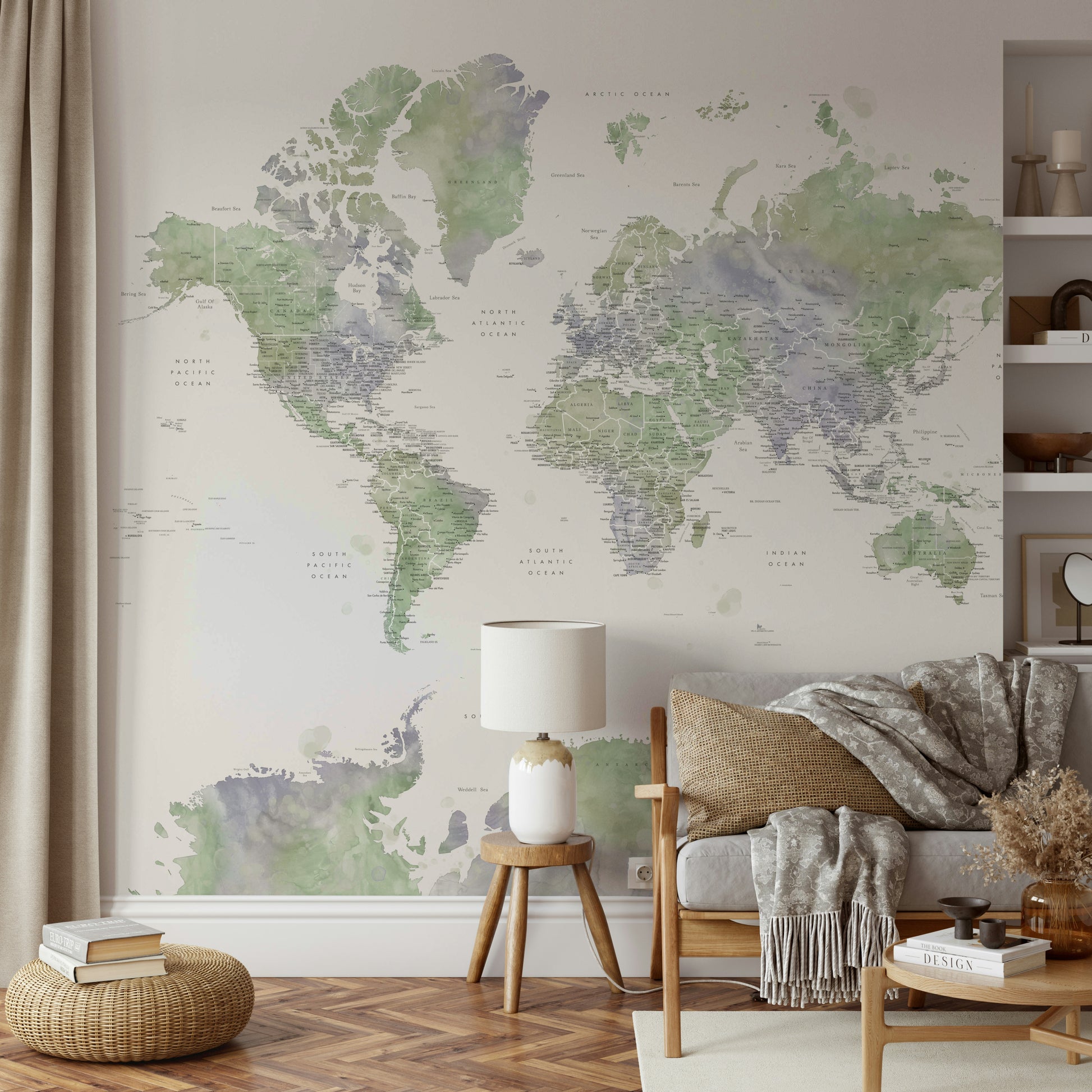 Earthy watercolor map wallpaper in sage green hues

