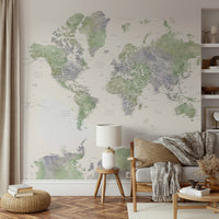 Earthy watercolor map wallpaper in sage green hues


