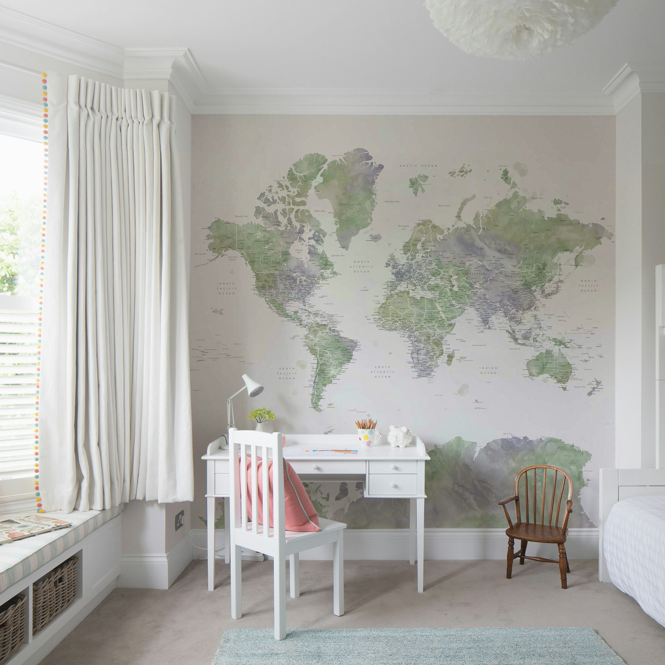 Sage green watercolor world map wallpaper for walls

