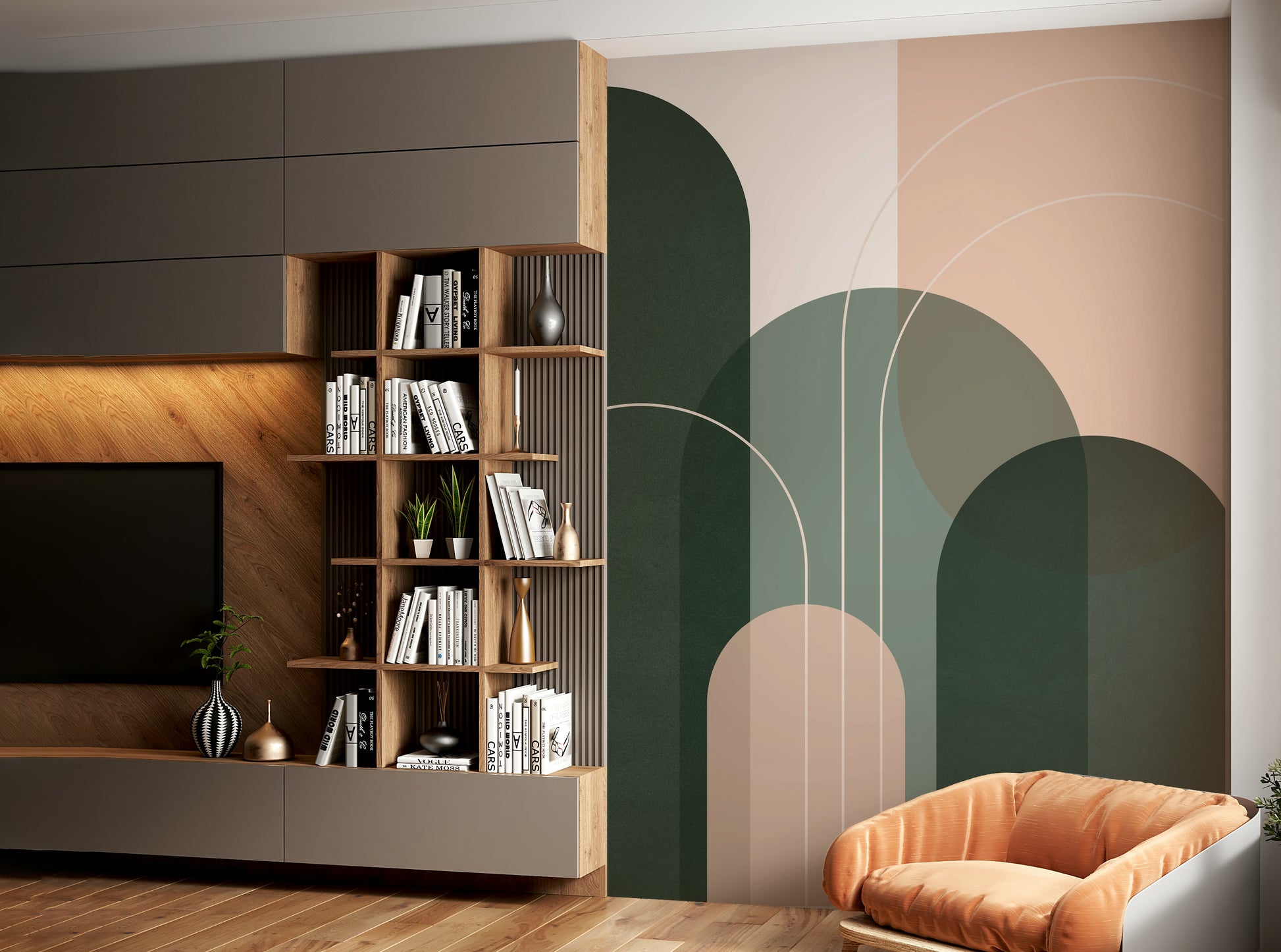 Soft sage green flowing design wall mural for peaceful spaces


