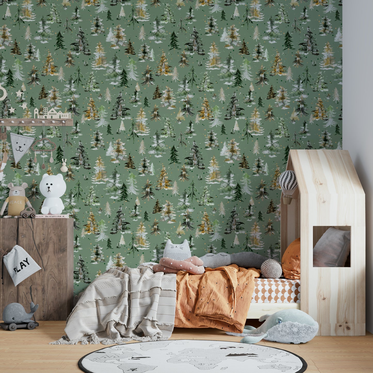 Wallpaper showing layers of pine trees in watercolor form.

