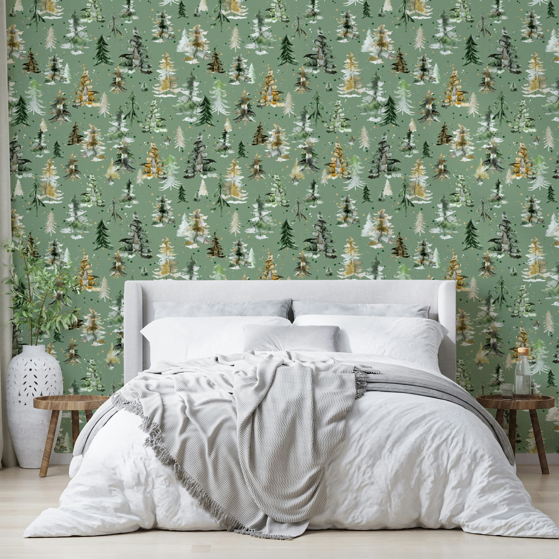 Hand-painted pine tree wallpaper in earthy watercolor tones.

