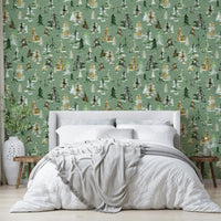 Hand-painted pine tree wallpaper in earthy watercolor tones.

