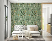 Gentle tree mural with pines in light green shades.

