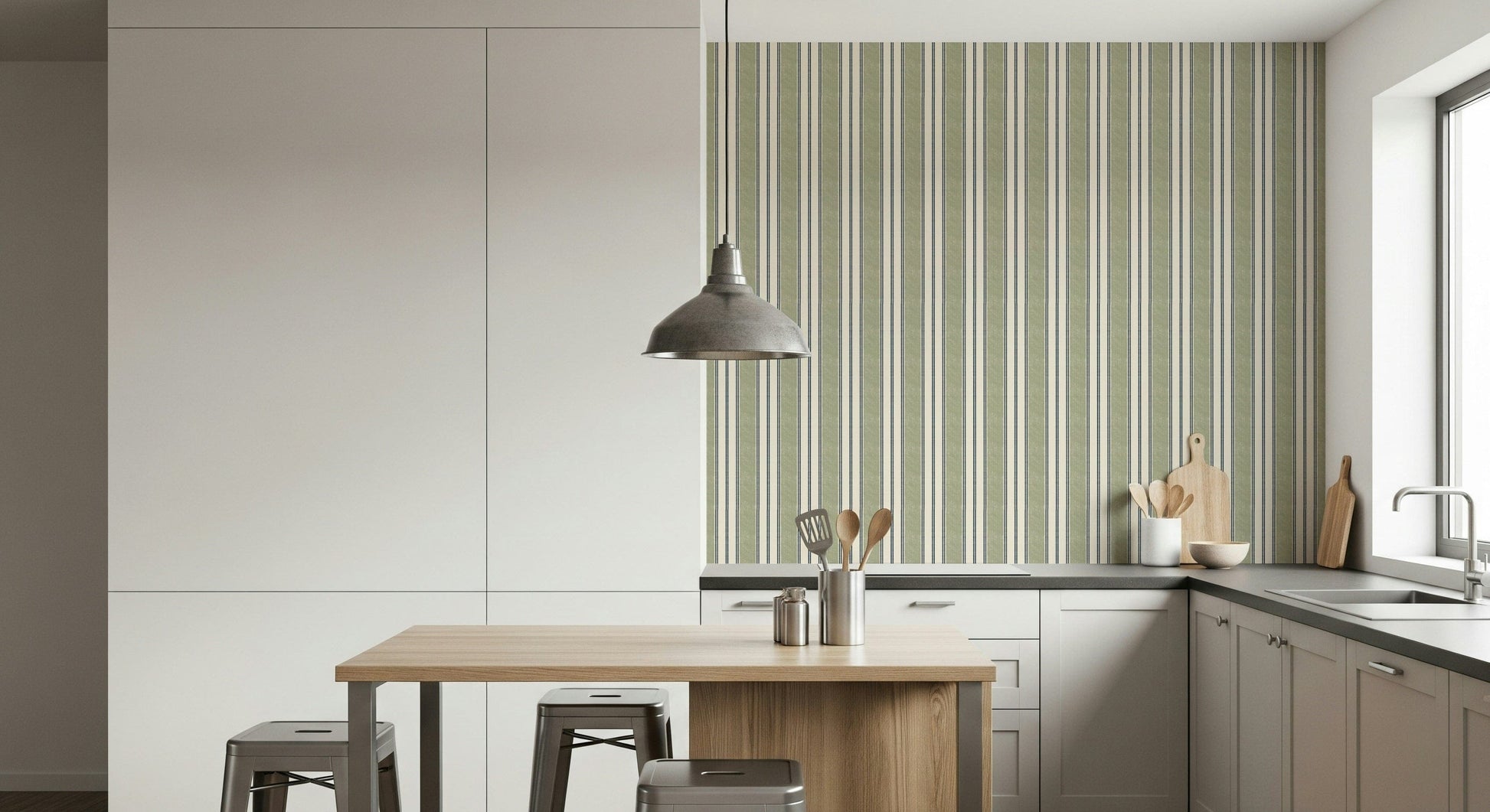 Vintage-inspired green stripe wallpaper with a fresh, preppy Grandmillennial vibe.