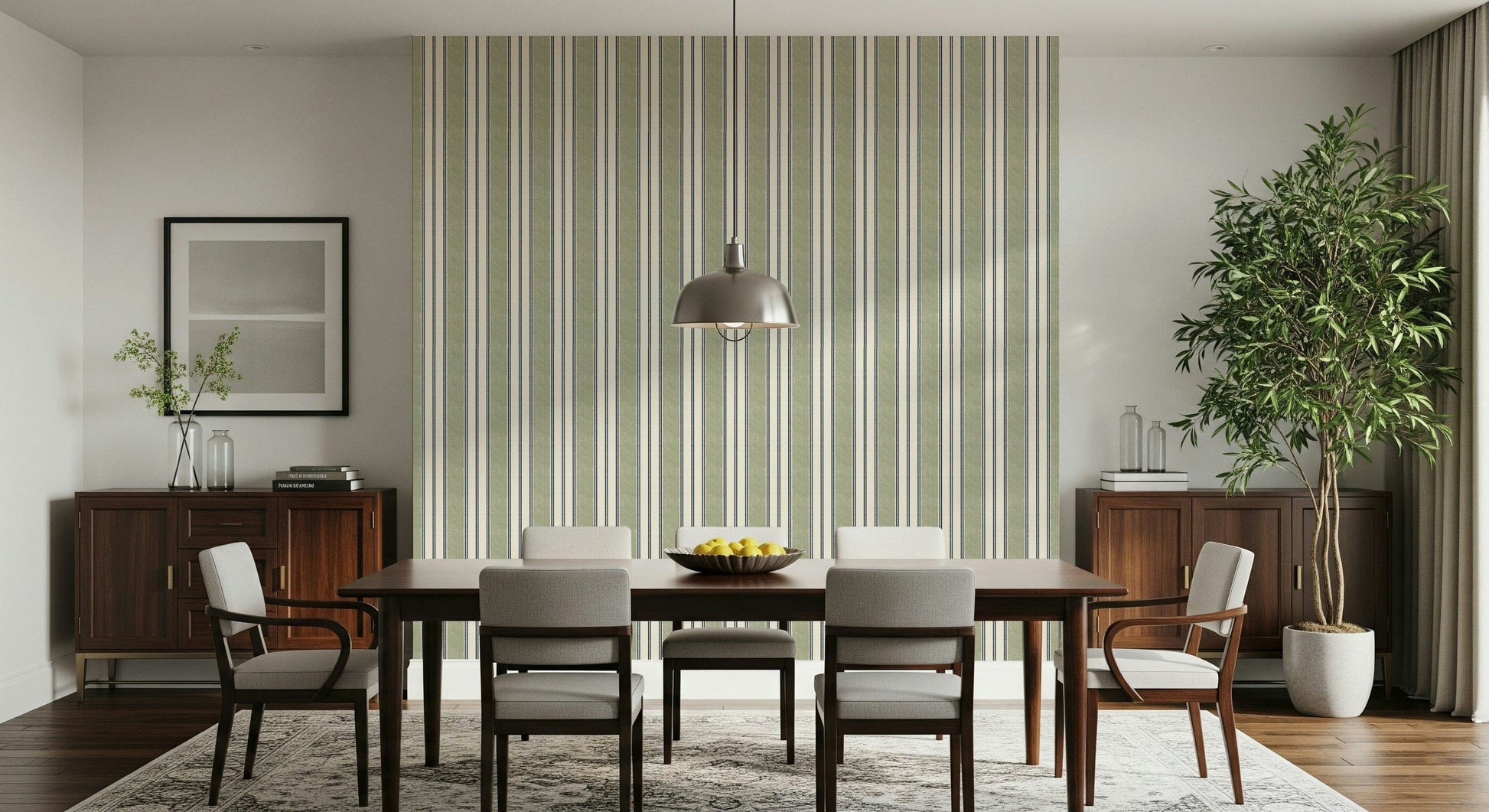 Preppy Grandmillennial wallpaper featuring thin green ticking stripes for refined interiors.