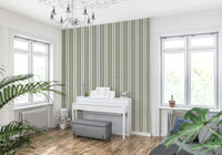 Green ticking stripes wallpaper with a chic Grandmillennial aesthetic for cozy spaces.