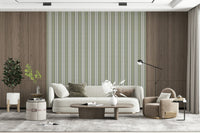 Grandmillennial-inspired green striped wallpaper for a timeless, elegant wall look.
