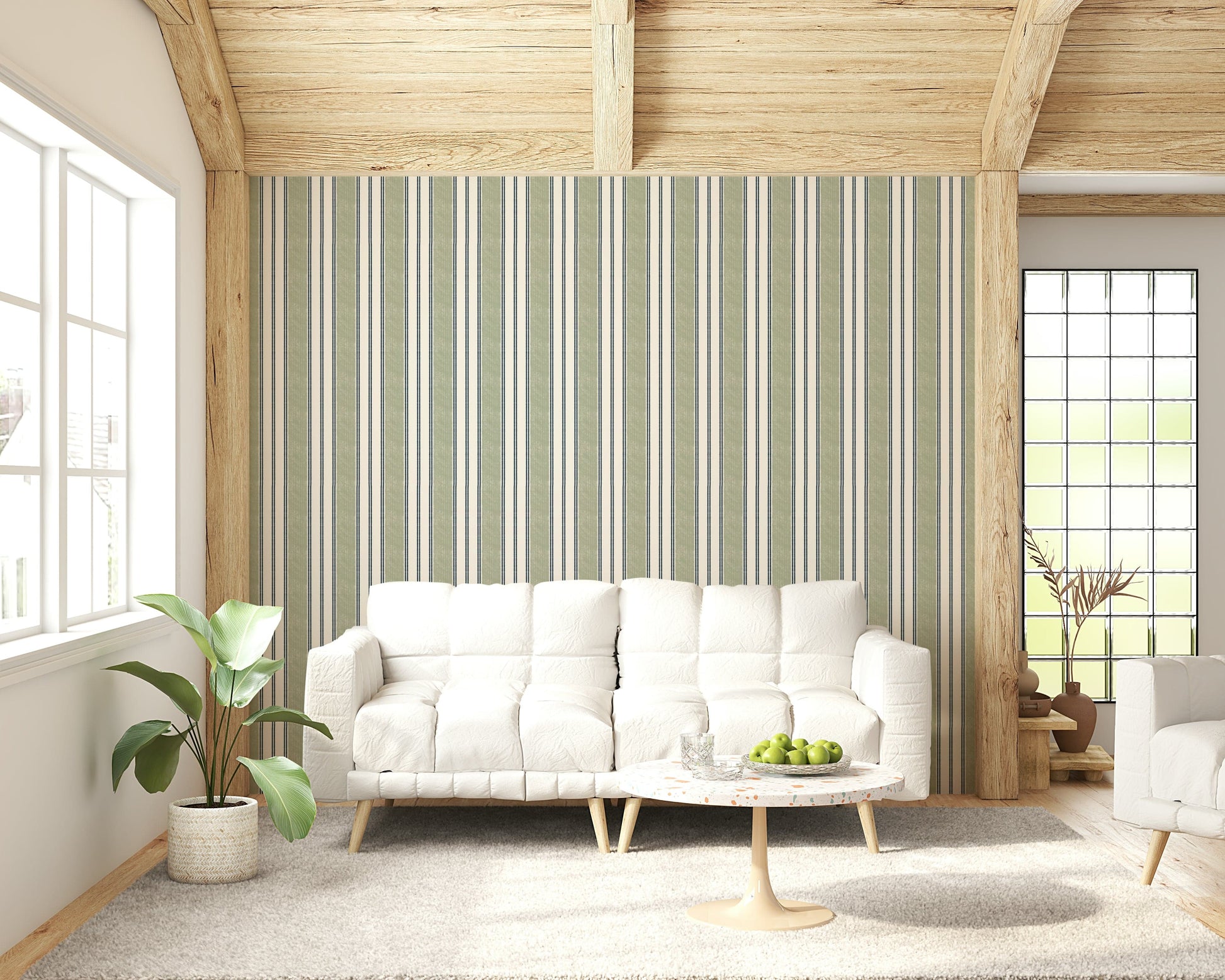 Green ticking stripe wallpaper bringing vintage charm and modern preppy style to interiors.