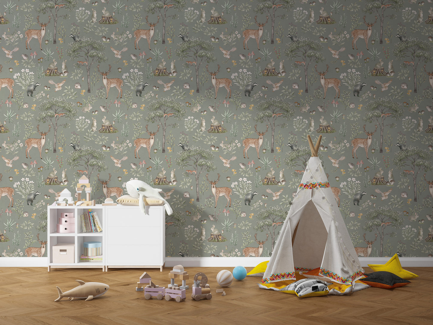 Sage Green Wildlife wallpaper behind a white dresser and beige teepee tent in a child's playroom