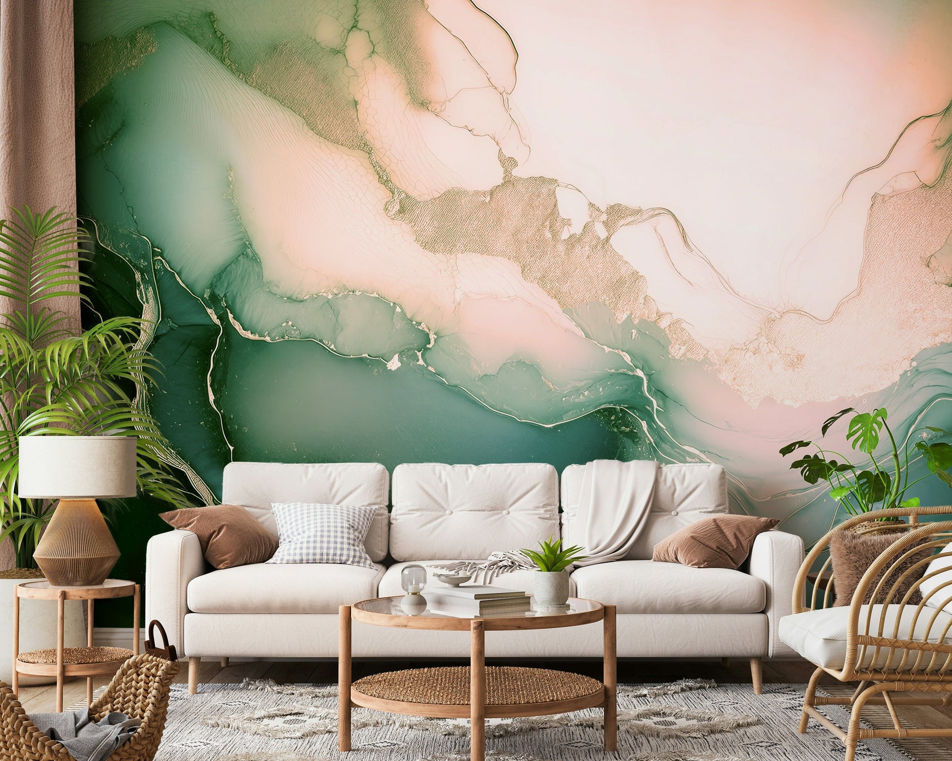 Abstract mineral-inspired mural with soft sage greens and rosy undertones for a serene atmosphere.
