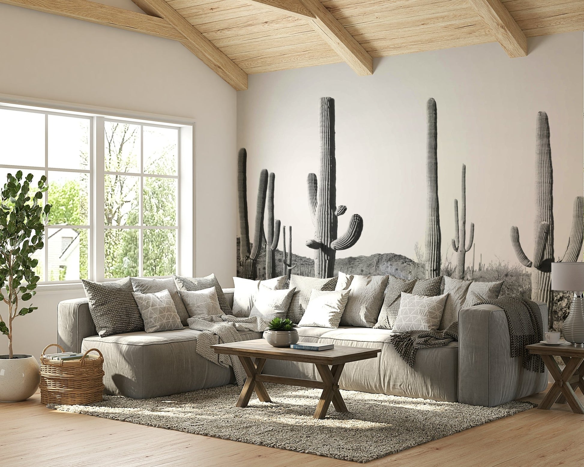 Focus on the unique shapes of the cacti against the sky.

