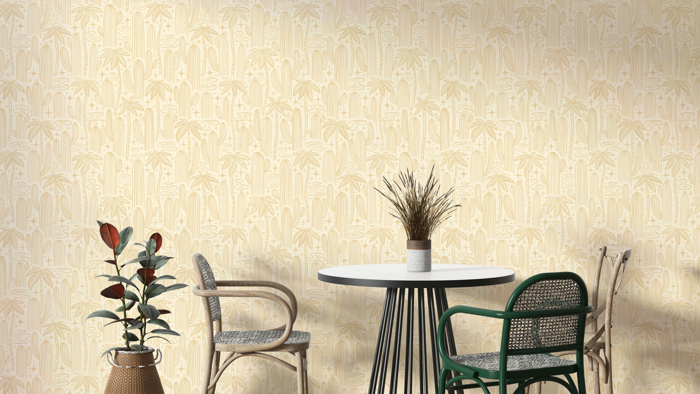 Offwhite and white wallpaper with cactus motif

