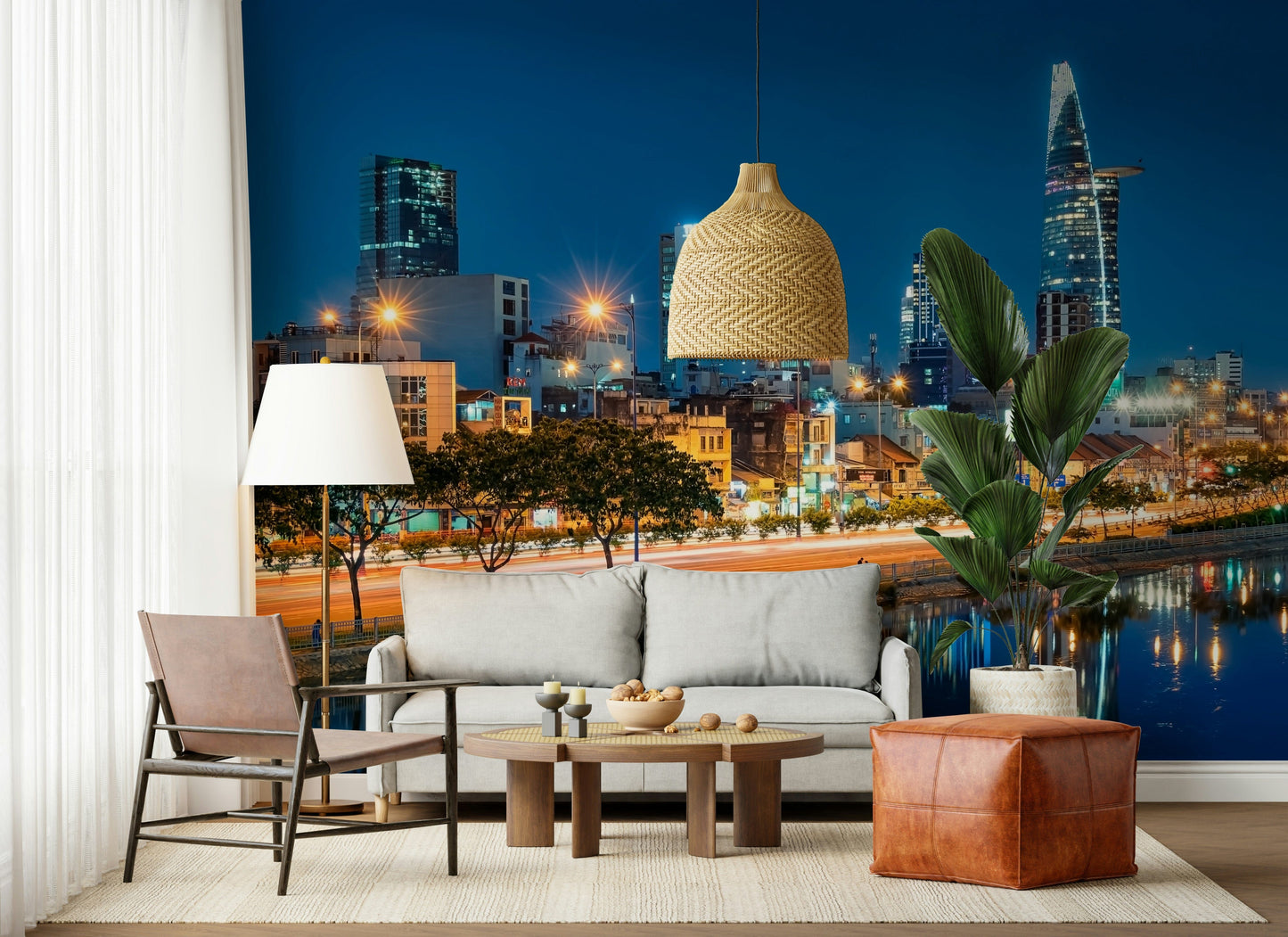 Saigon skyline at night mural with illuminated bridge and waterfront