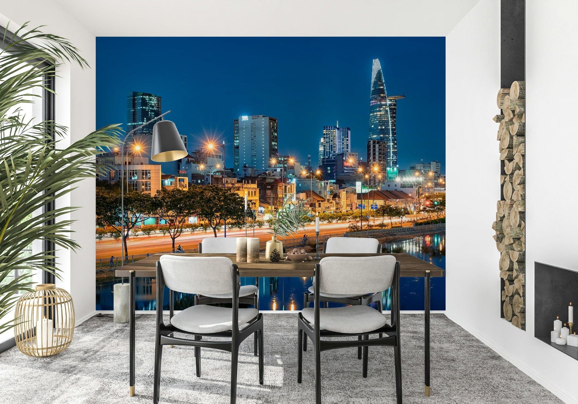 Saigon riverfront skyline night wall mural with bright urban glow