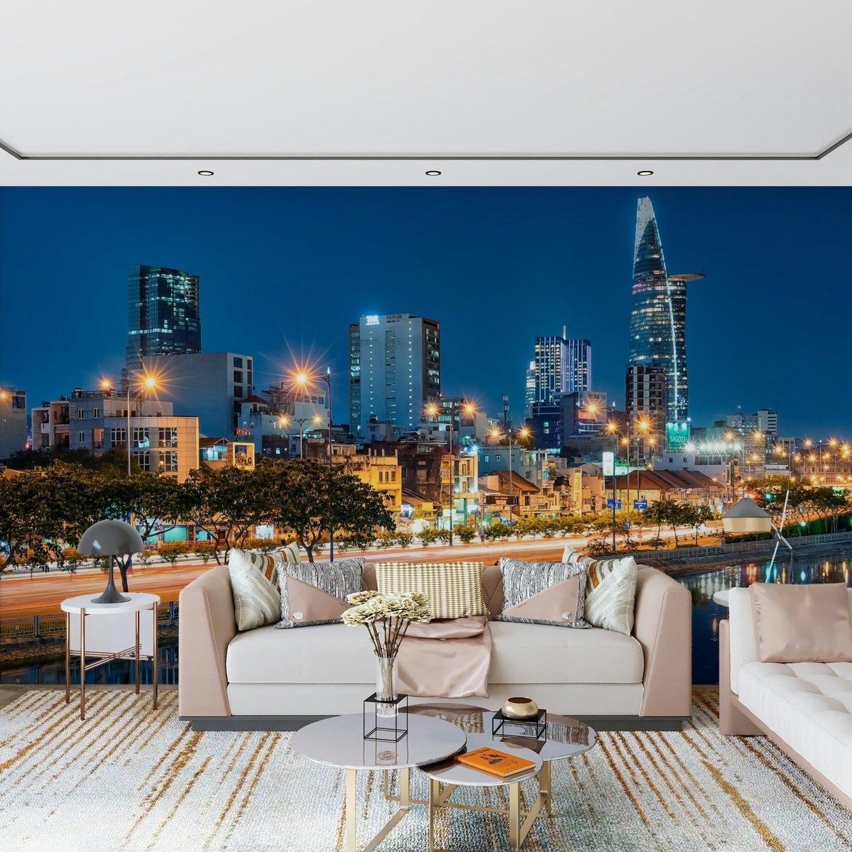 Saigon cityscape night wallpaper mural with reflections on water
