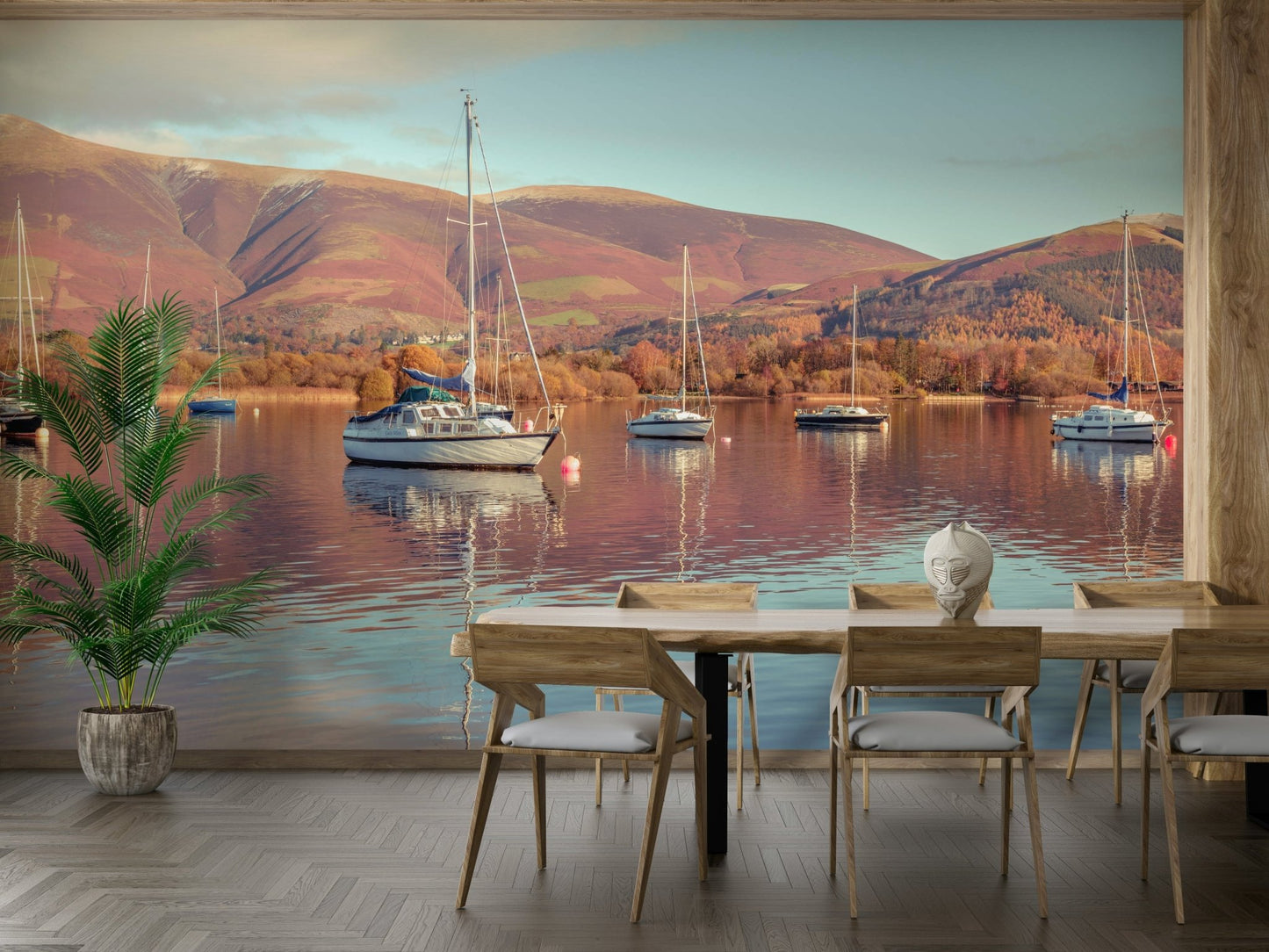 Serene boat wallpaper for relaxed interiors

