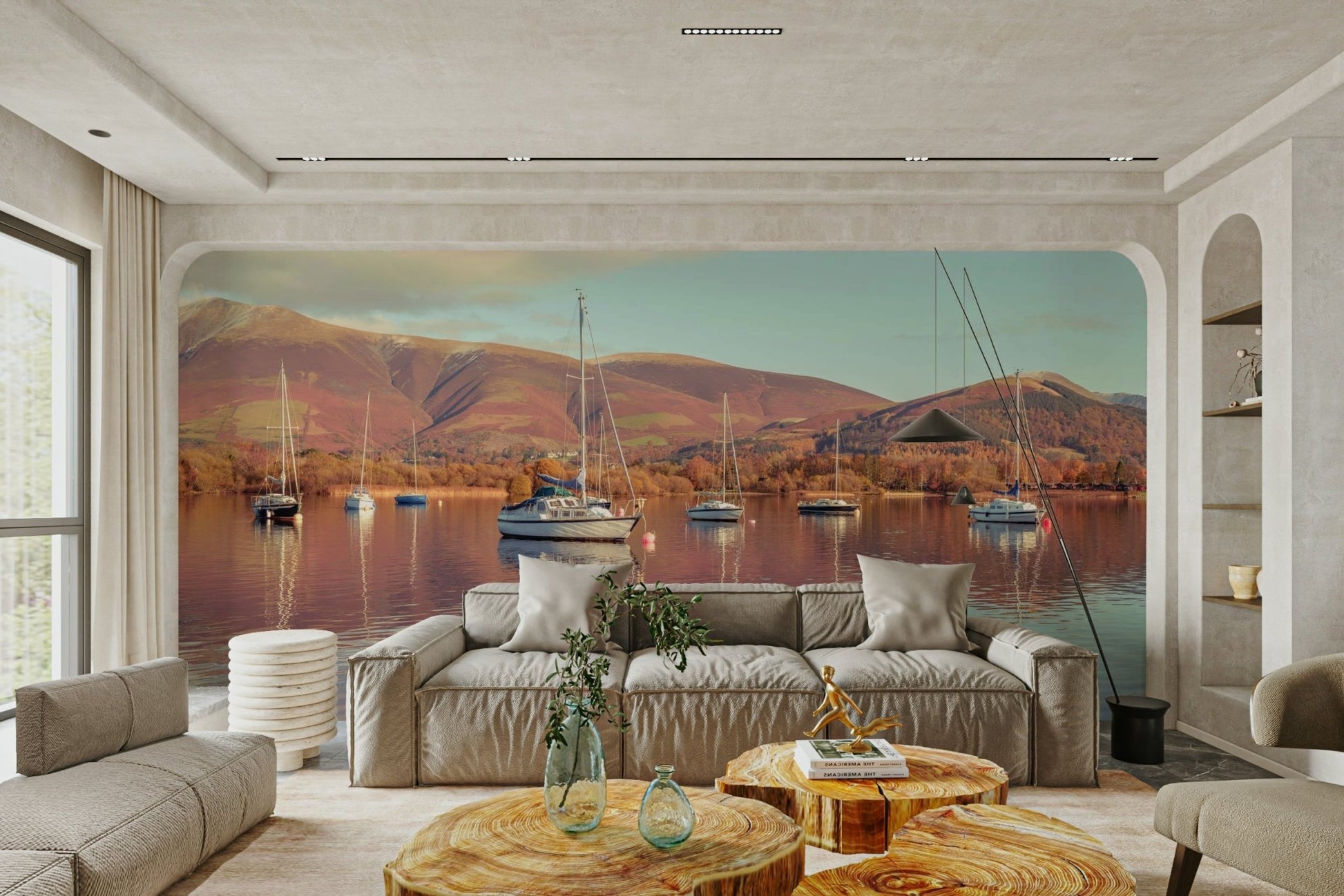 Nature-inspired mural with boats on water

