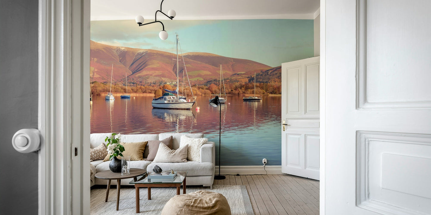 Sailboats on calm lake mural wallpaper


