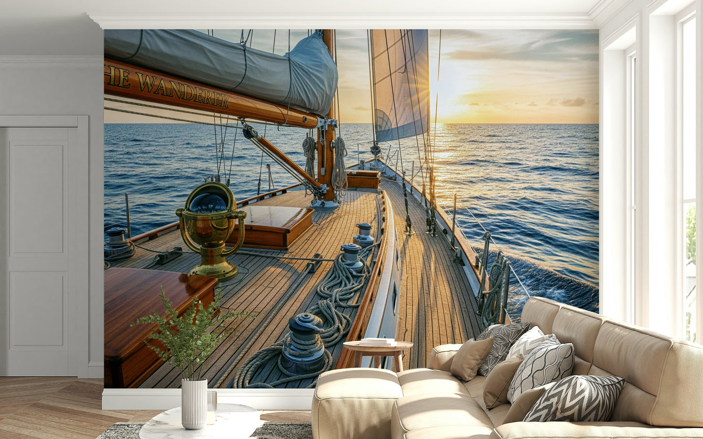 Coastal mural in hallway, nautical artwork with muted color palette