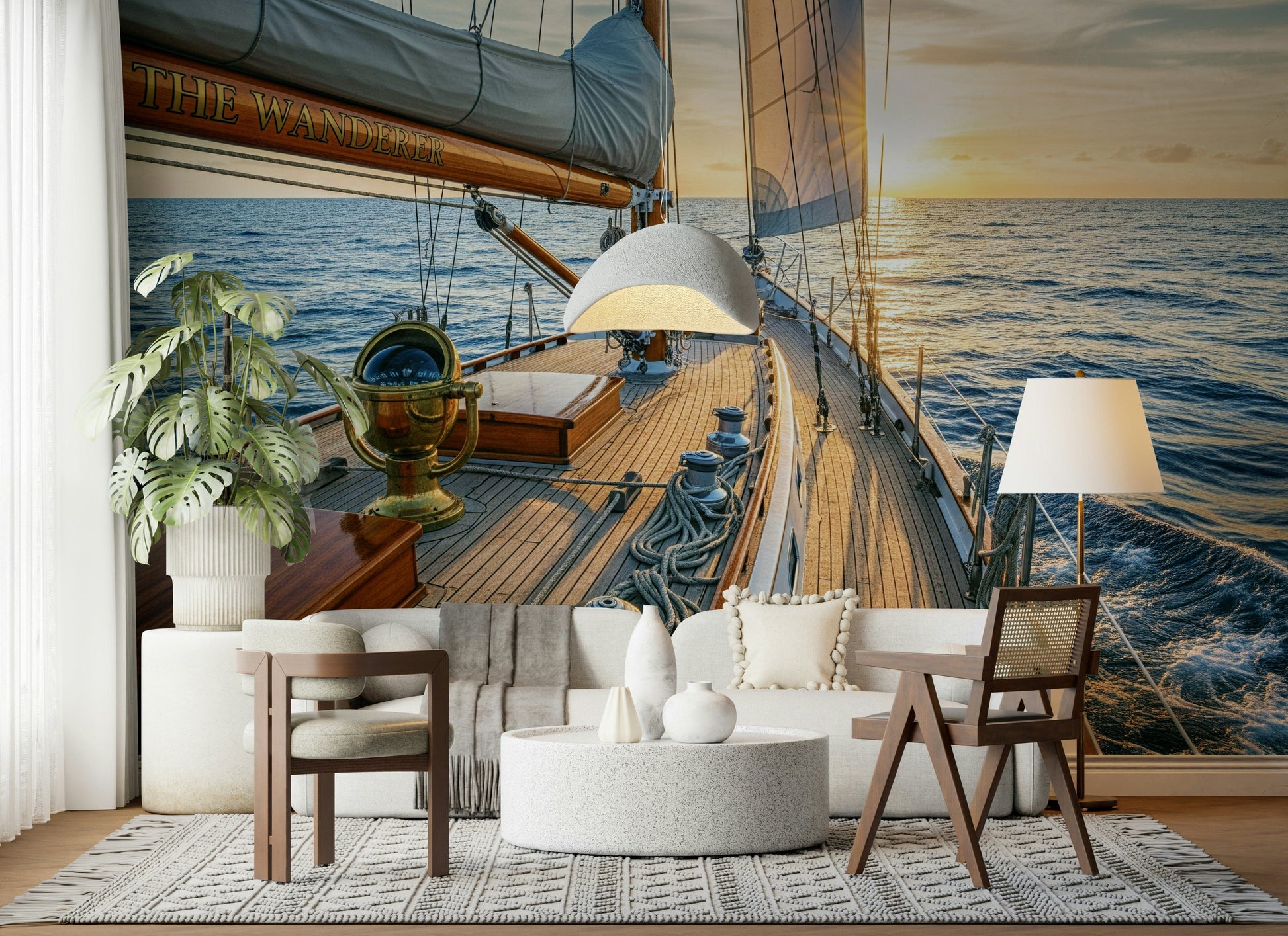 Nautical wall mural in kids room, gentle ocean scene in soft blue hues