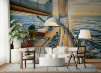 Nautical wall mural in kids room, gentle ocean scene in soft blue hues