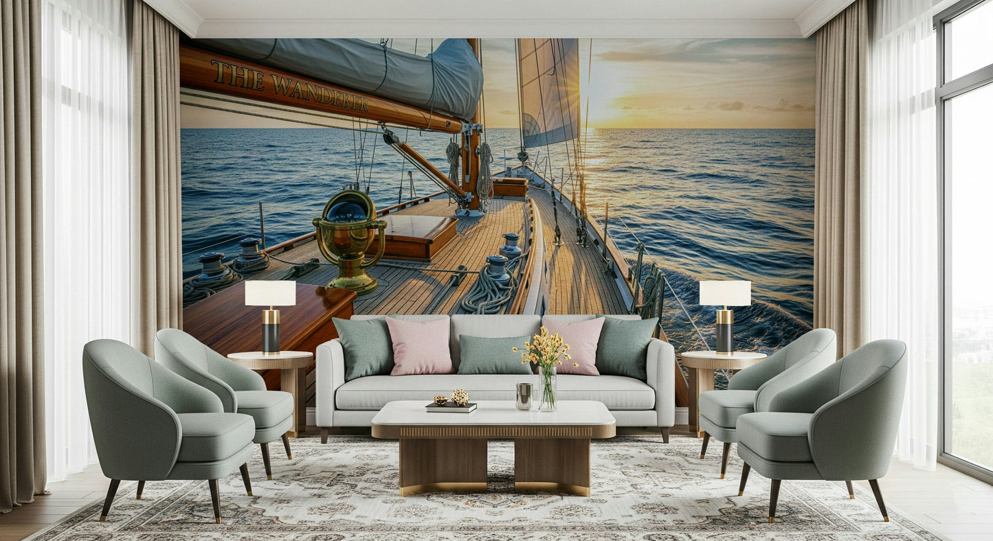 Nautical map and waves mural behind sofa, modern wall decor in coastal style