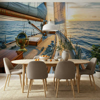Sailboat silhouette wall mural in bedroom, soft blue water and misty sky