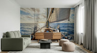 Nautical sailboat feature wall in reading nook, soft coastal style