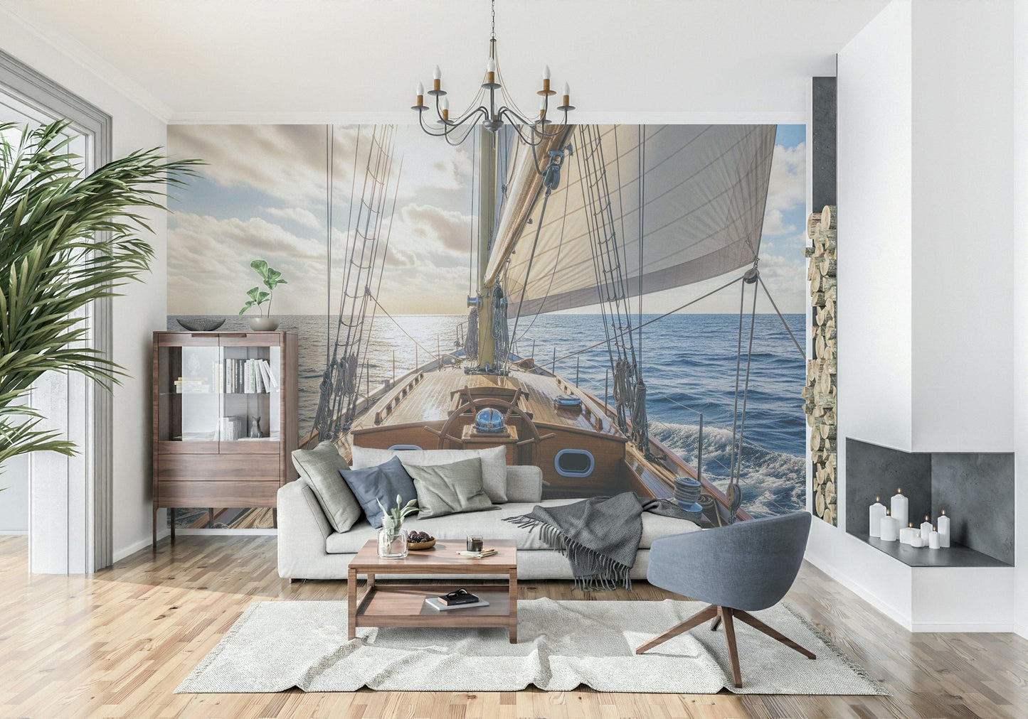 Coastal sailboat mural behind beige sofa, blue and white wall decor for apartment