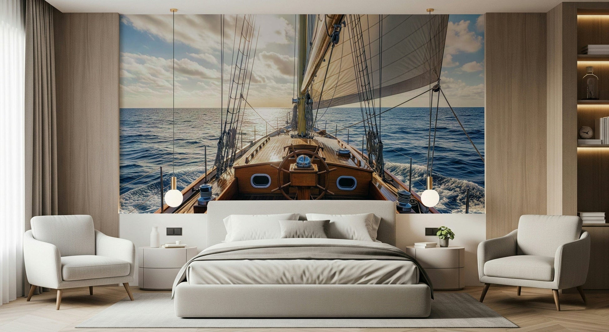 Sailing scene mural behind gray sectional, modern coastal living room backdrop