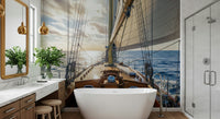 Nautical sailing mural in home office, clean backdrop with sea and sky hues