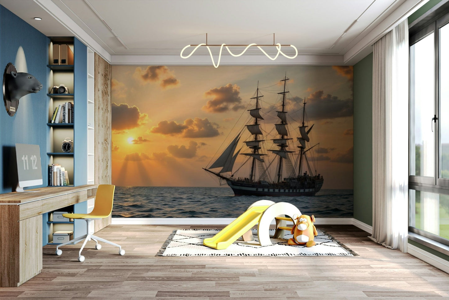 The sailboat is gliding on calm water under a colorful sky.

