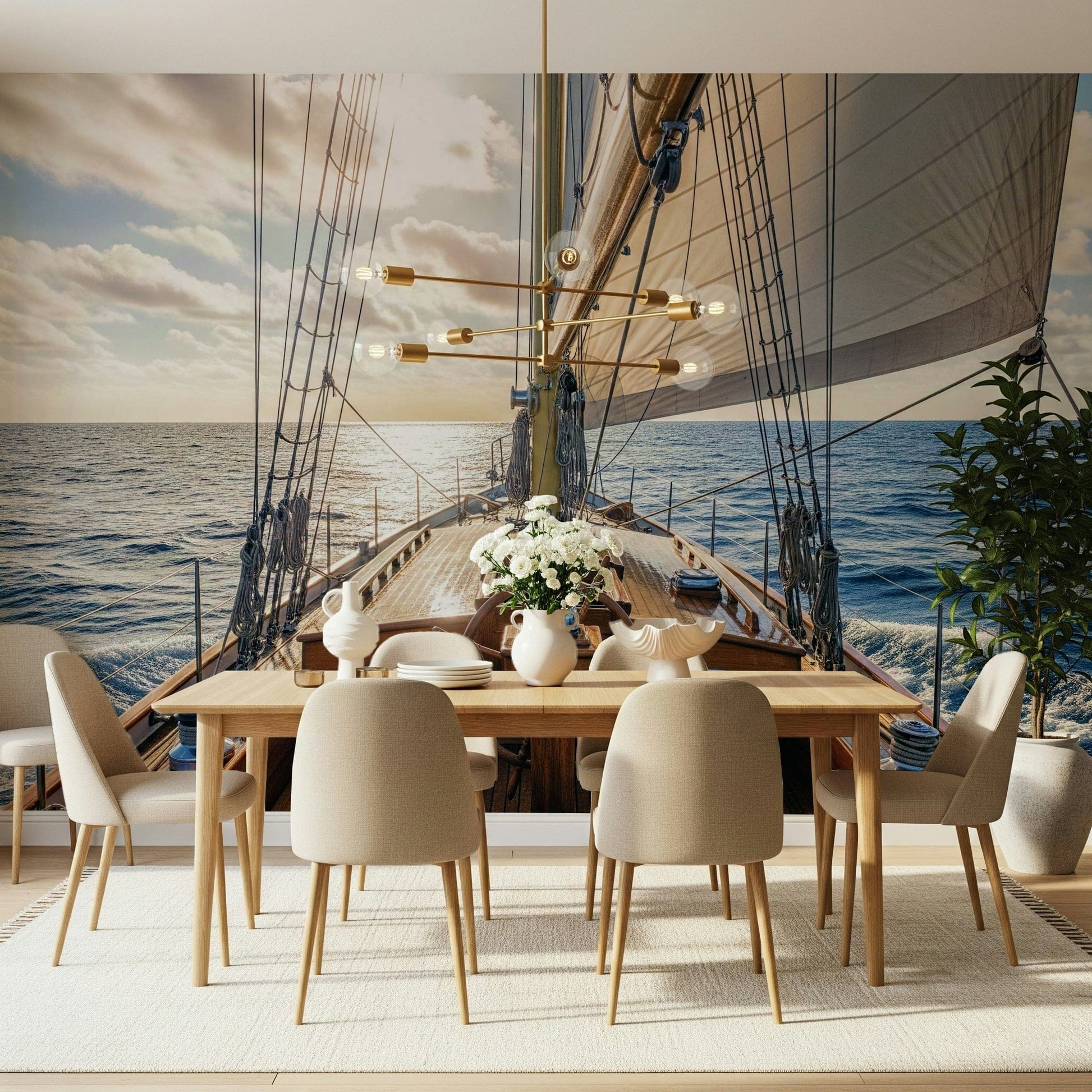 Minimal sailboat wallpaper in bedroom, soft ocean tones above white headboard