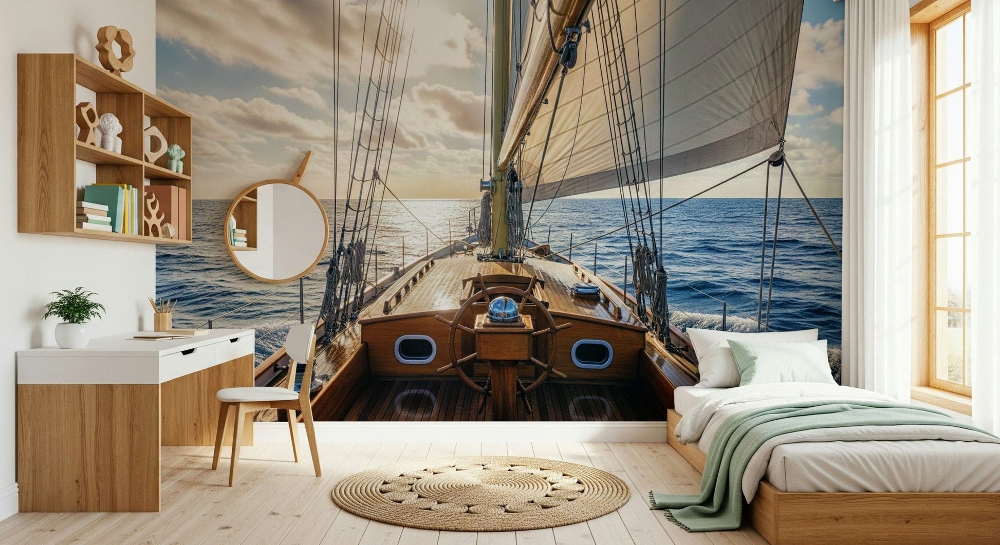 Blue ocean sailing wallpaper for entryway, light coastal theme with console table