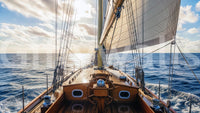 Coastal sailing mural with sailboat and horizon, modern apartment wall decor