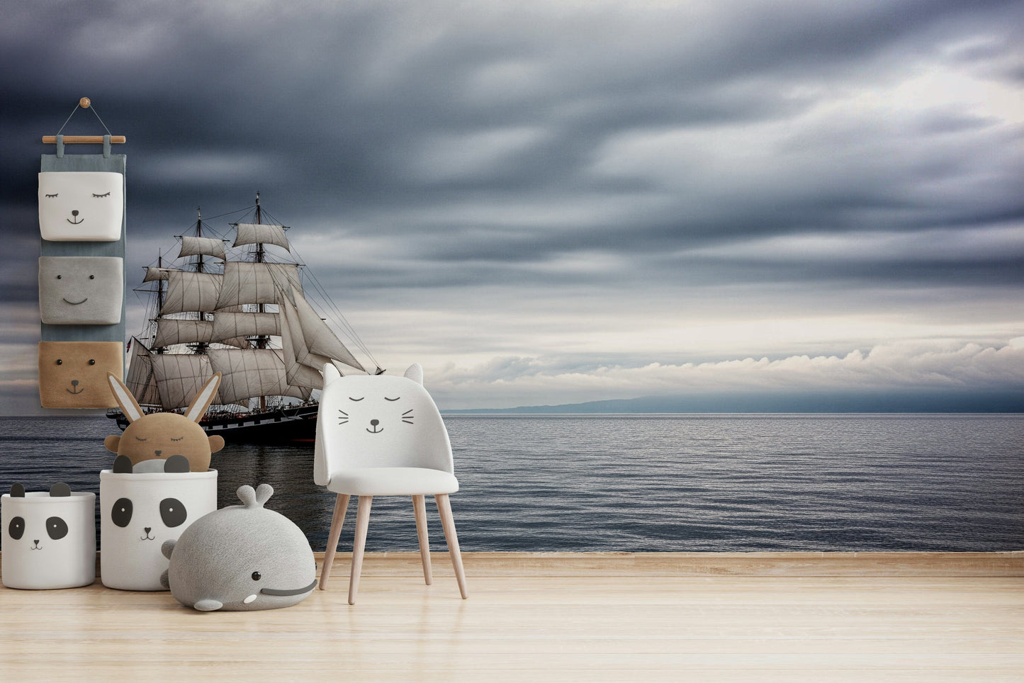 Neutral tone ocean vessel wall art for a modern nursery or playroom.