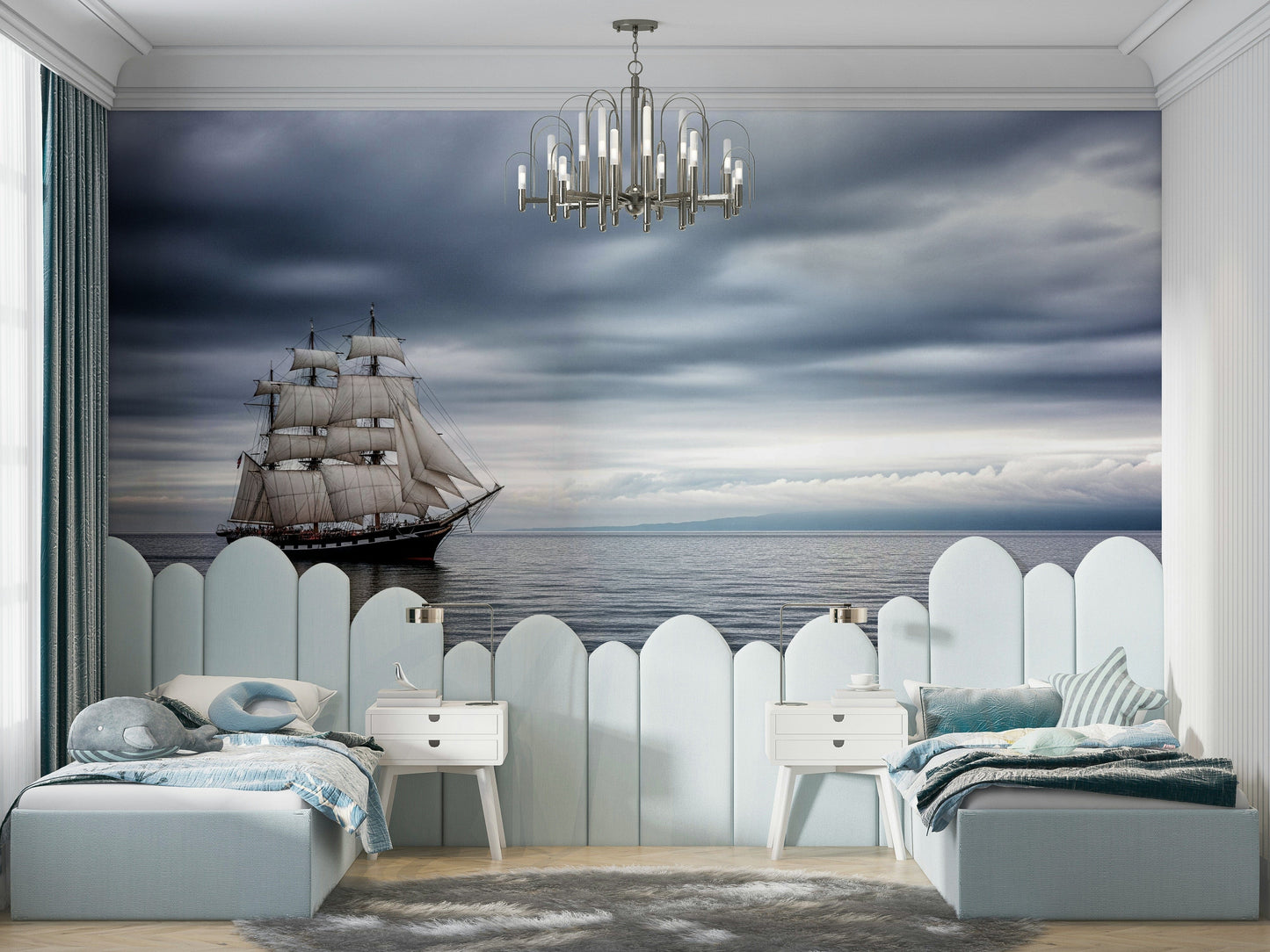 Antique ocean exploration theme mural for a workspace with dark wood furniture.