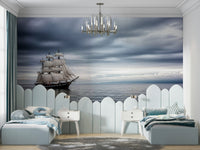 Antique ocean exploration theme mural for a workspace with dark wood furniture.