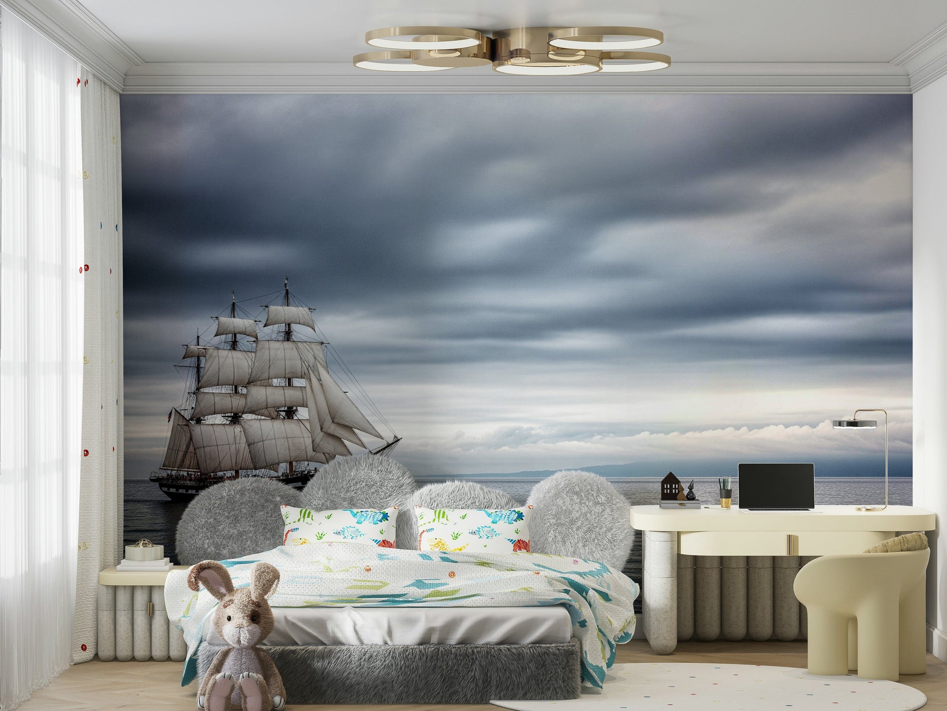 Sailing the High Seas Wall Mural in a minimalist coastal style guest room.