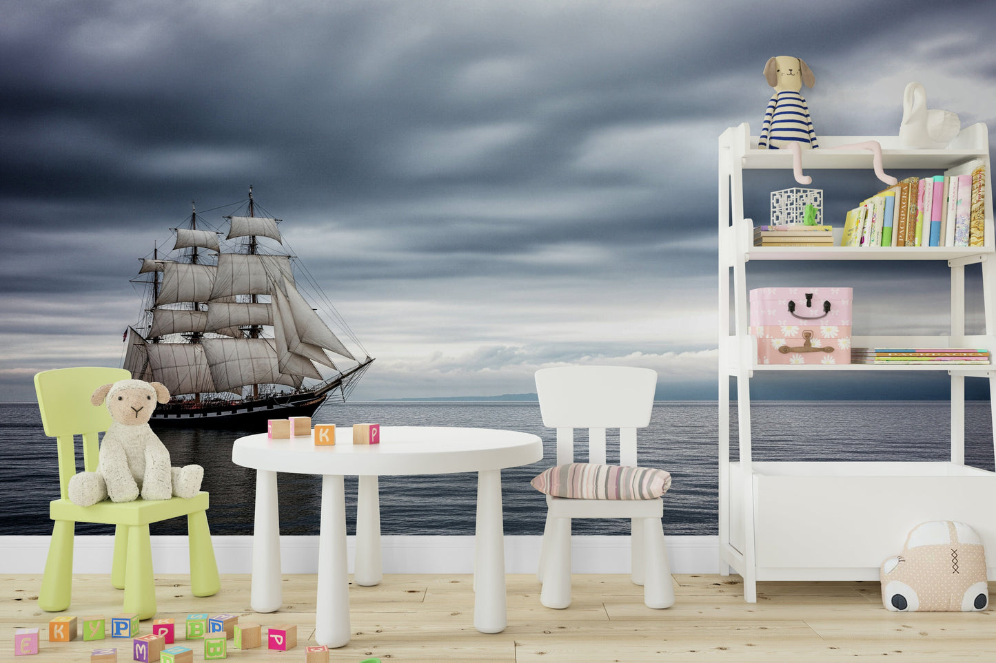 Nautical exploration pattern for a master suite with soft lighting and blue accents.