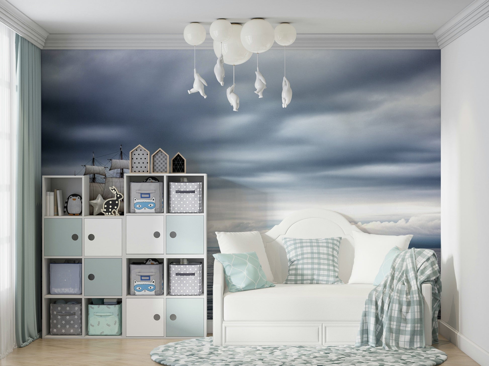 Sailing the High Seas Wall Mural featuring old world sketches in a neutral apartment living room.