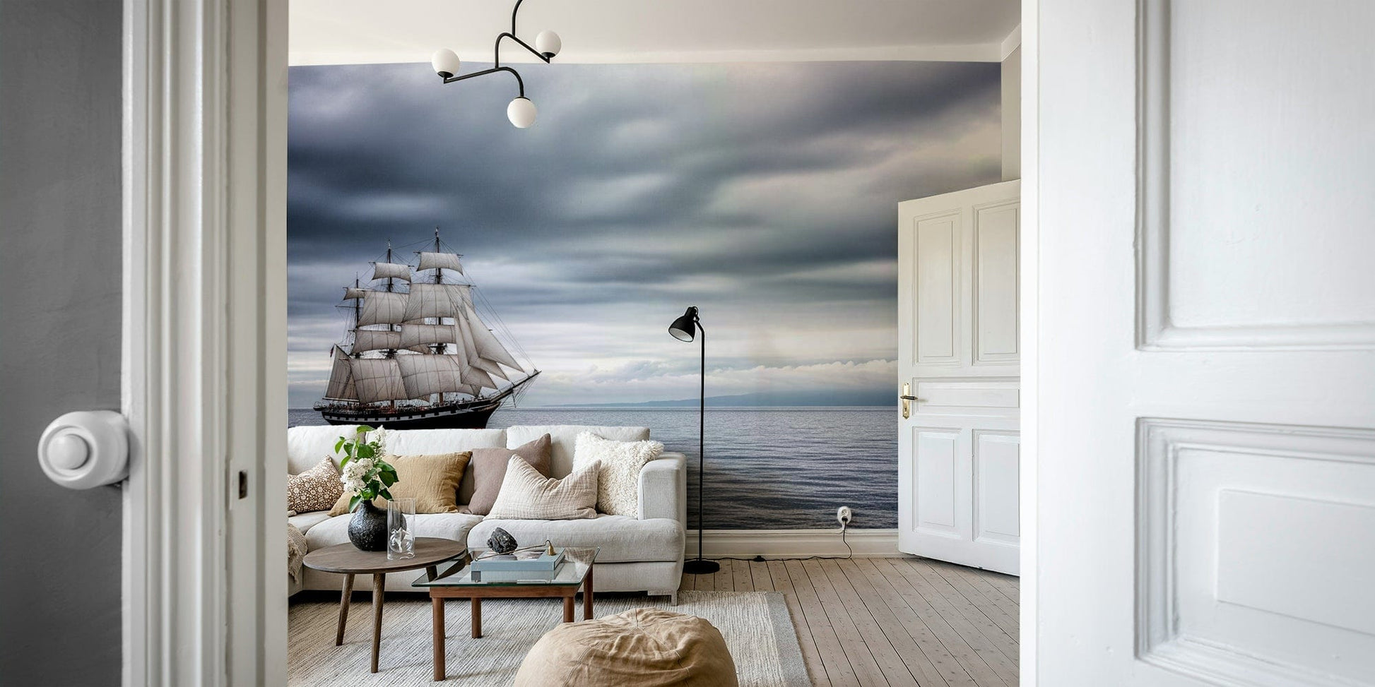 Detailed historical navy ship illustration on a textured beige feature wall.