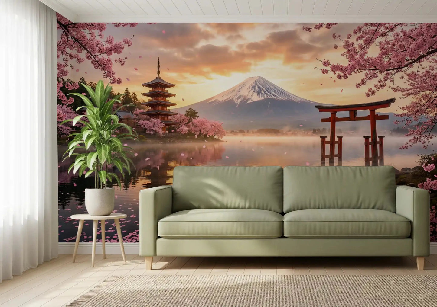 Mount Fuji landscape art in soft orange sunset tones wall mural for a hallway.