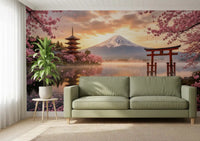 Mount Fuji landscape art in soft orange sunset tones wall mural for a hallway.